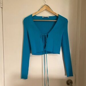 Zara Teal Long Sleeve Tie-Front Crop Top